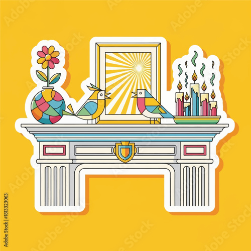 A vibrant graphic illustration of a decorated fireplace mantelpiece featuring colorful birds, a flower in a mosaic vase, a sunburst picture, and lit candles, all on a bright yellow background.