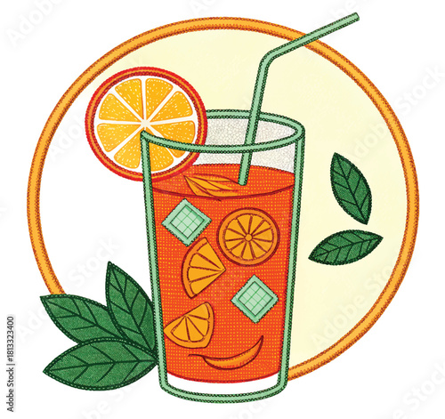 Refreshing orange juice illustration with straw, orange slices, ice cubes, and mint leaves for modern summer vibes, perfect for posters or social media