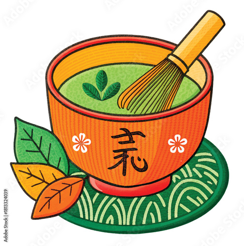 Delightful matcha tea bowl for zen wellness, a vibrant cup of traditional Japanese beverage is perfect for healthy lifestyle promotions, food blogs and culinary designs