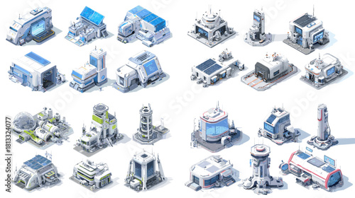 A detailed collection of futuristic sci fi building illustrations featuring research labs, energy stations, industrial units, and high tech structures in a clean modern style.