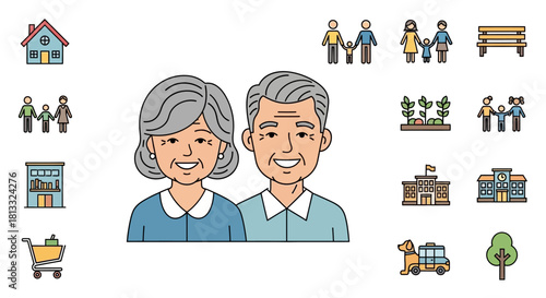 Cartoon illustration of a senior couple with community icons.