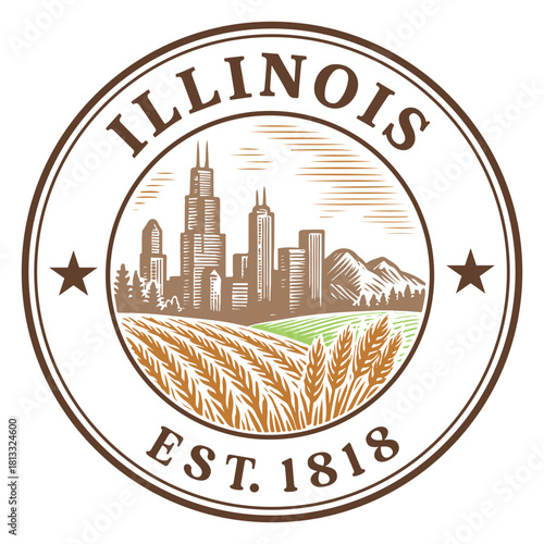 Illinois state Round Stamp illustration, 50 United States Stamps Clipart, Illinois US state Vintage Travel shirt, State Badge design
