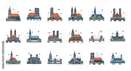 Collection of colorful vector illustrations of various European churches and cathedrals.