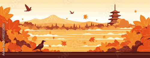 따뜻한 주황색과 갈색 톤으로 표현된 가을 풍경 속에서, 고요한 호수와 붉게 물든 단풍나무, 그리고 전통적인 오층탑과 웅장한 산이 어우러진 평화로운 벡터 일러스트레이션입니다.