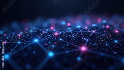Illustrative representation showcasing an abstract three-dimensional network composed of connected nodes and glowing particles, rendered with vibrant blue and magenta lights against a dark backdrop,.