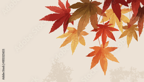따뜻한 베이지색 배경에 다채로운 색깔의 단풍잎이 우아하게 내려앉은 가을 분위기 일러스트.