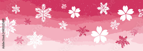 분홍색 그라데이션 배경에 눈꽃과 벚꽃이 조화롭게 어우러진 아름다운 벡터 일러스트레이션으로, 계절의 변화를 표현하는 디자인 요소로 활용하기 좋습니다.