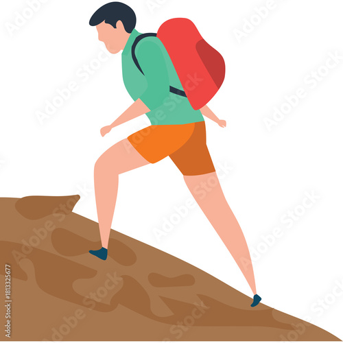 Man Hiking Uphill Wearing Red Backpack Teal Shirt Orange Shorts Climbing Rocky Terrain with Clear Background