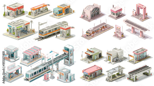 A collection of train station and transit building illustrations featuring modern platforms, ticket booths, rail structures, and transportation facilities in a clean urban style.