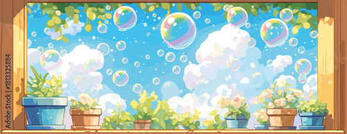 창가에 놓인 화분들 너머로 펼쳐진 맑고 푸른 하늘 아래, 뭉게뭉게 피어나는 흰 구름과 영롱한 비눗방울들이 자유롭게 떠다니는 평화롭고 환상적인 풍경을 담은 아름다운 벡터 일러스트레이션.