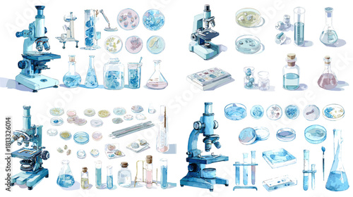 A detailed collection of laboratory illustrations featuring microscopes, test tubes, petri dishes, flasks, and scientific tools in a clean scientific and educational style.