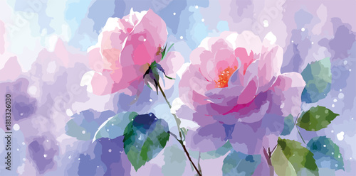 아름다운 수채화 스타일의 분홍 장미 두 송이가 부드럽고 몽환적인 보라색 배경 위에서 섬세하게 피어나는 로맨틱한 분위기의 일러스트레이션입니다.
