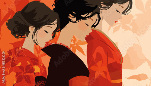 붉은 단풍잎 배경에 기모노를 입은 세 명의 일본 여인들이 우아하고 고요한 가을 분위기를 자아내며 전통적인 아름다움을 표현하는 감성적인 벡터 일러스트레이션입니다.