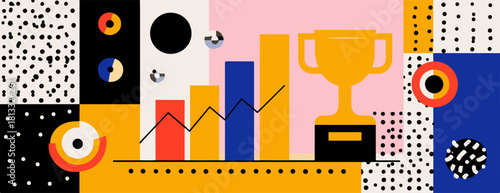 비즈니스 성공과 재정적 성장을 상징하는 데이터 차트, 트로피 및 추상적인 기하학적 패턴이 조화롭게 어우러진 현대적이고 역동적인 벡터 일러스트레이션.