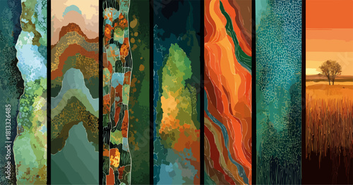 다채로운 자연의 추상적인 아름다움과 유기적인 흐름을 현대적인 벡터 일러스트레이션 세로 패널로 표현하여 환경과 생명의 조화를 담아낸 예술적인 배경 디자인입니다.