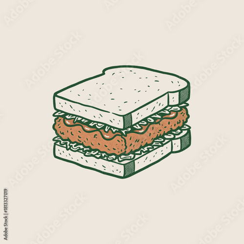 Retro Fried Sandwich Graphic.Vintage Fast Food Art.Halftone Chicken Burger.Classic Deli Illustration.Distressed Lunch Vector