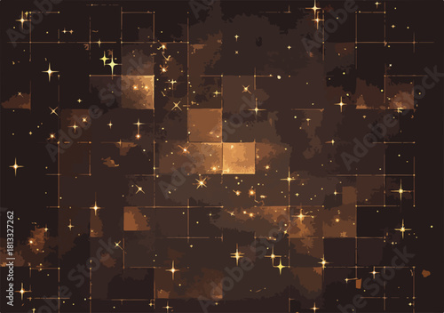 깊은 밤하늘처럼 어두운 배경에 황금빛 사각형 패턴과 반짝이는 별들이 섬세하게 빛나며 고급스러운 분위기를 자아내는 벡터 그래픽입니다.