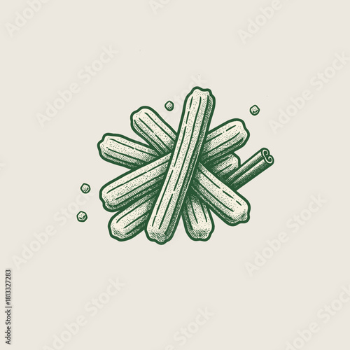 Vintage Churros Stack Illustration.Engraved Spanish Dessert Vector.Retro Fried Dough Pastry Design.Delicious Churro Sticks Artwork.Classic Bakery Trea