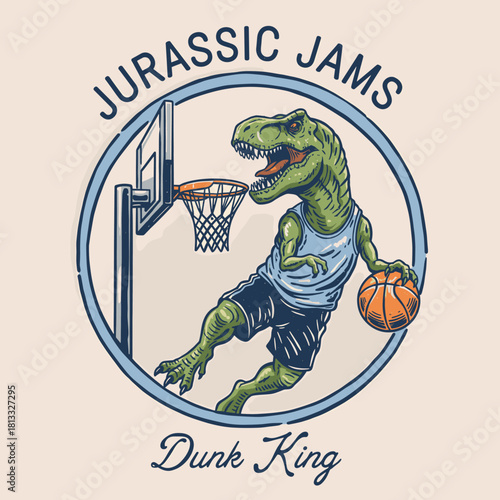 T Rex Basketball Mascot.Dinosaur Dunk King Emblem.Vintage Jurassic Jams Print.Retro Basketball Dino Badge.Sporty Cartoon Dinosaur Logo