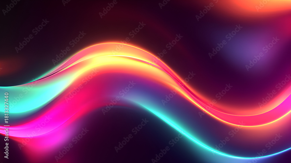 Obraz premium Irregular ripple distortion, soft glass texture effect, bright neon glow with smooth gradient flow. Vivid light refractions, futuristic aesthetic, subtle digital noise. Vector illustration