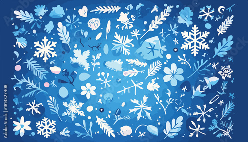 겨울의 평온함과 아름다움을 표현한 다양한 눈송이, 나뭇가지, 잎사귀 요소들로 가득 찬 파란색 배경의 벡터 일러스트레이션입니다.