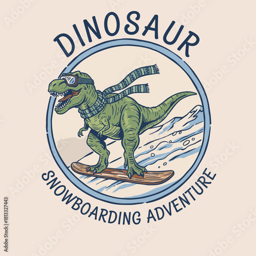 T-Rex Snowboarding Design.Winter Dinosaur Mascot Logo.Snow Adventure Vintage Badge.Retro Sport Dino Illustration.Tyrannosaur Rider Graphic