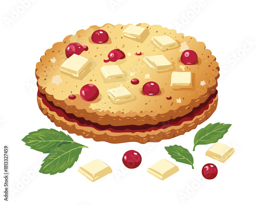 Delicious homemade cranberry and white chocolate shortbread dessert pie with mint garnish, perfect holiday treat - Vector Illustration
