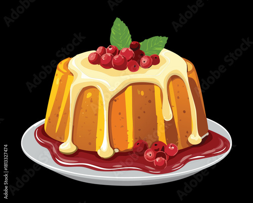 Elegant Caramel or Vanilla Pudding Dessert Topped with Sweet Cream Sauce and Fresh Red Currant Berries - Vector Illustration