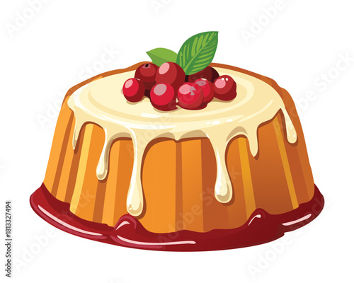 Delicious Vanilla Pudding or Creme Caramel Dessert Drizzled with Cream Sauce and Garnished with Red Berries - Vector Illustration