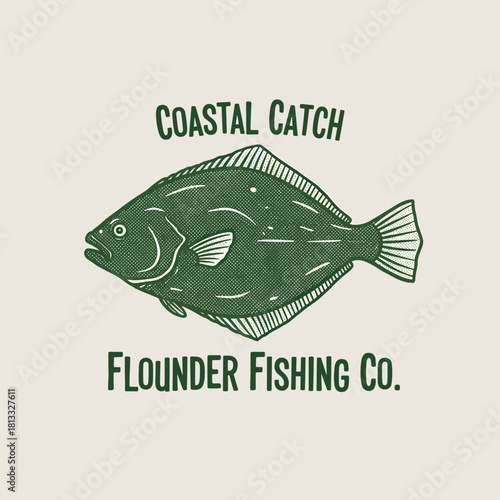 Vintage Flounder Fishing Badge.Coastal Catch Retro Fish Logo.Flatfish Marine Emblem Design.Distressed Seafood Vector Art.Fishing Company Apparel Print