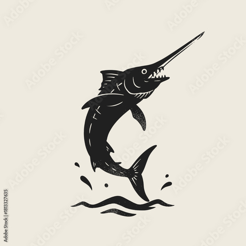 Jumping swordfish vector logo.Vintage marlin illustration.Retro fishing sport emblem.Woodcut deep sea fish mascot.Distressed marine animal art