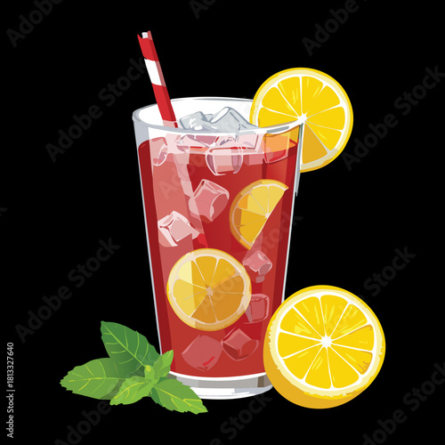 Vibrant Red Berry Iced Tea with Lemon Slices, Mint Leaves, and Ice Cubes Served in a Tall Glass Drink - Vector Illustration