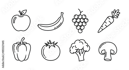 Collection of fresh fruits and vegetables in black and white isolated on white background