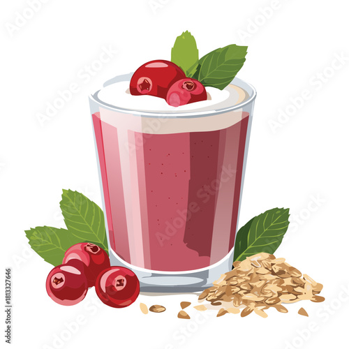 Healthy Red Berry Smoothie with Cherries and Oats Topped with Whipped Cream Served in a Glass Snack or Breakfast - Vector Illustration