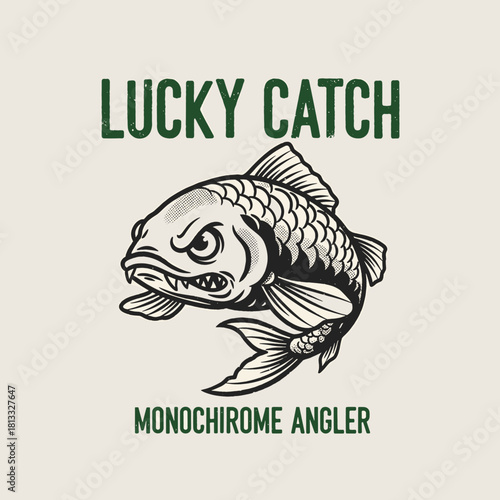 Vintage Fish Emblem.Angry Catch Design.Retro Fishing Mascot.Lucky Angler Graphic.Monochrome Sport Fish