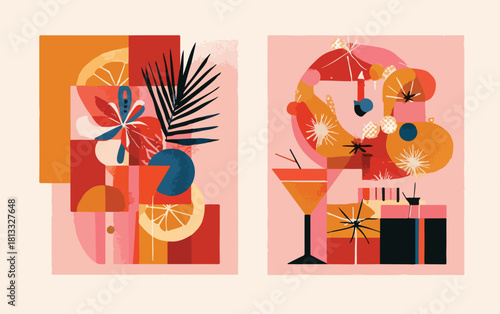 생동감 넘치는 색상과 기하학적 형태로 표현된 열대 과일 및 칵테일 추상 벡터 일러스트레이션으로, 현대적인 여름 휴가와 파티의 즐거움을 담고 있습니다.