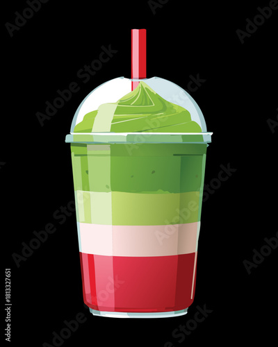 Two-Tone Layered Green and Red Frappuccino or Smoothie Drink in a Plastic Cup with Red Straw Sweet Beverage - Vector Illustration