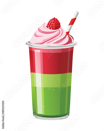 Layered Red and Green Raspberry Milkshake or Frappe Drink with Whipped Cream Topping and Straw Sweet Treat - Vector Illustration