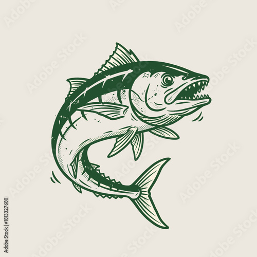 Aggressive Fish Jumps.Vintage Sport Fishing Emblem.Retro Tuna Engraving.Jumping Game Fish Mascot.Marine Wildlife Illustration