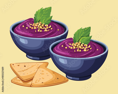 Refreshing Red Berry Smoothie Bowl Topped with Seeds and Fresh Mint Leaves Served with Crispy Tortilla Chips - Vector Illustration