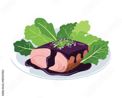 Elegant cut of seared meat, possibly steak or lamb, coated in a thick, rich purple wine reduction and presented on a bed of fresh greens - Vector Illustration
