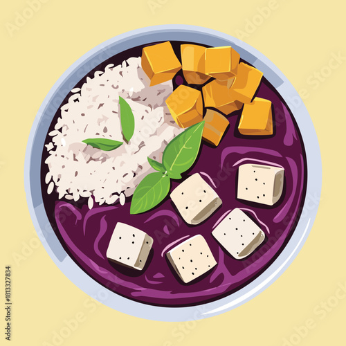 Vibrant fusion bowl featuring fluffy white rice, cubed tofu, and yellow mango chunks submerged in a deep, creamy purple taro-based soup - Vector Illustration