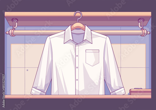 옷장 속 옷걸이에 깔끔하게 걸려 있는 흰색 긴팔 셔츠의 벡터 일러스트레이션으로, 정돈된 느낌과 일상적인 의류의 모습을 보여줍니다.