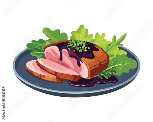 Tender slice of roasted meat, possibly duck or beef, dressed in a flavorful dark purple reduction and garnished with fresh green salad leaves - Vector Illustration