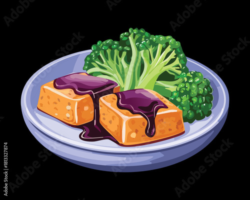 Close-up of golden-brown fried tofu pieces lavishly poured over with a unique purple reduction sauce, served with bright green broccoli - Vector Illustration