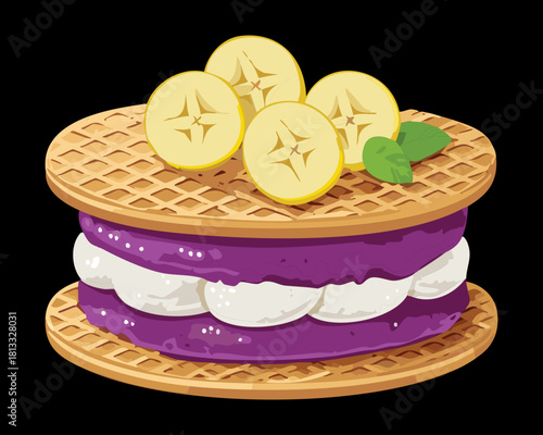 Dessert waffle sandwich with creamy purple filling, topped with sliced bananas and a light dusting of sugar - Vector Illustration