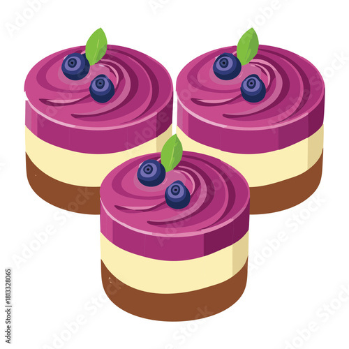 Trio of small layered cheesecakes decorated with rich blueberry swirl frosting and fresh whole blueberries - Vector Illustration