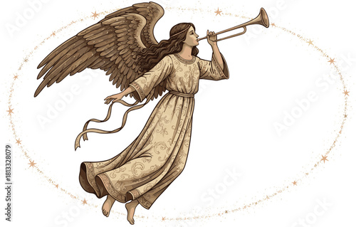 Elegant vintage-style illustration of a celestial angel playing a trumpet while gracefully flying within a sparkling starry oval frame