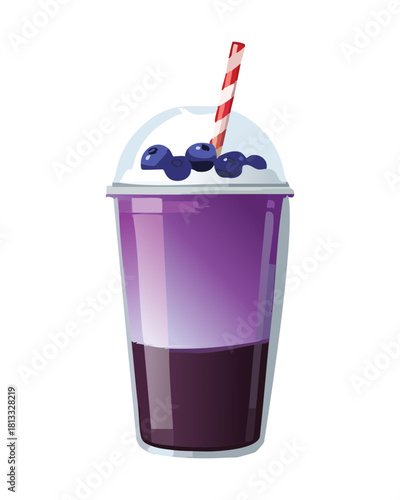 Sweet Layered Berry Smoothie Drink with Milk Base Served in a Glass with Red Striped Straw - Vector Illustration