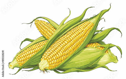 Detailed Clipart Illustration of Fresh Corn CobsPrint